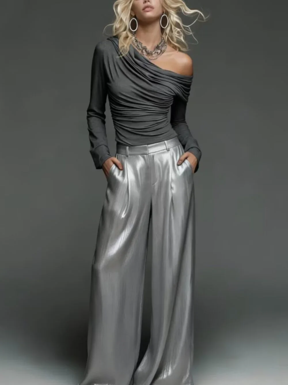 One-Shoulder Ruched Long-Sleeve Top And Silvery High-Waisted Loose Wide-Leg Pant